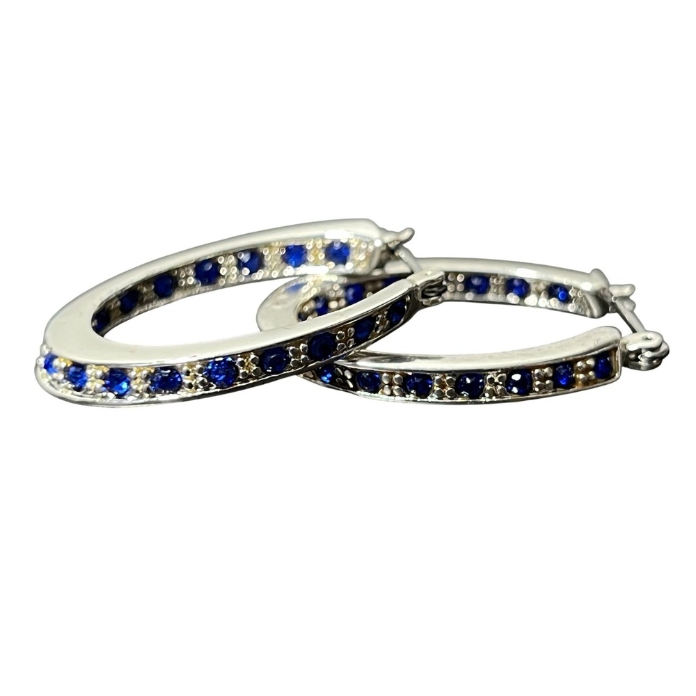 Elegant Silver Tone Blue‎ Sapphire & Clear Crystal Hoop Earrings Fashion Jewelry